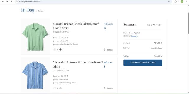 Tommy Bahama checkout page showing Tommy Bahama promo code box | Screenshot taken by SimplyCodes community member on Apr 19, 2025