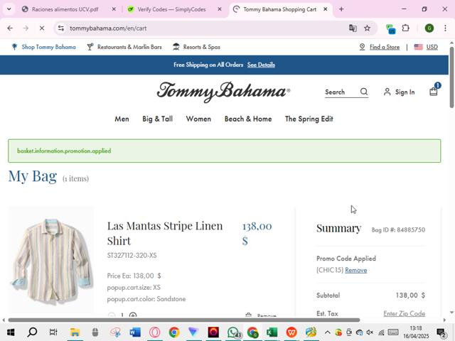 Tommy Bahama checkout page showing Tommy Bahama promo code box | Screenshot taken by SimplyCodes community member on Apr 16, 2025