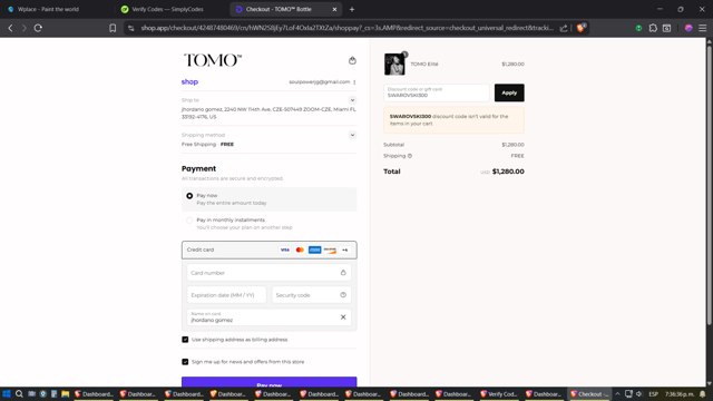 TOMO™ Bottle checkout page showing TOMO™ Bottle coupon code box | Screenshot taken by SimplyCodes community member on Aug 31, 2025