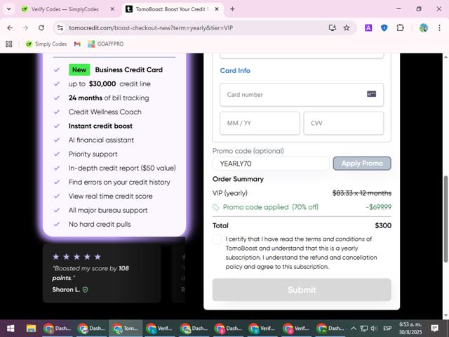 TomoCredit checkout page showing TomoCredit promo code box | Screenshot taken by SimplyCodes community member on Aug 30, 2025