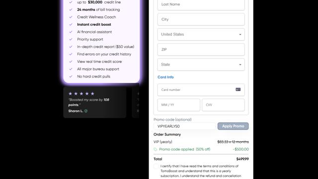 TomoCredit checkout page showing TomoCredit promo code box | Screenshot taken by SimplyCodes community member on Aug 29, 2025