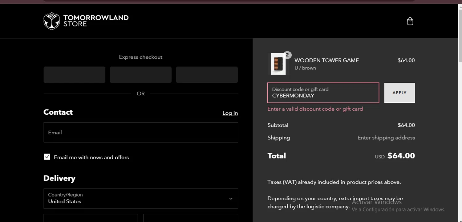 TOMORROWLAND promo code screenshot showing code CYBERMONDAY applied at TOMORROWLAND checkout page. Uploaded by SimplyCodes community member PennySage5996 on Dec 31, 2024
