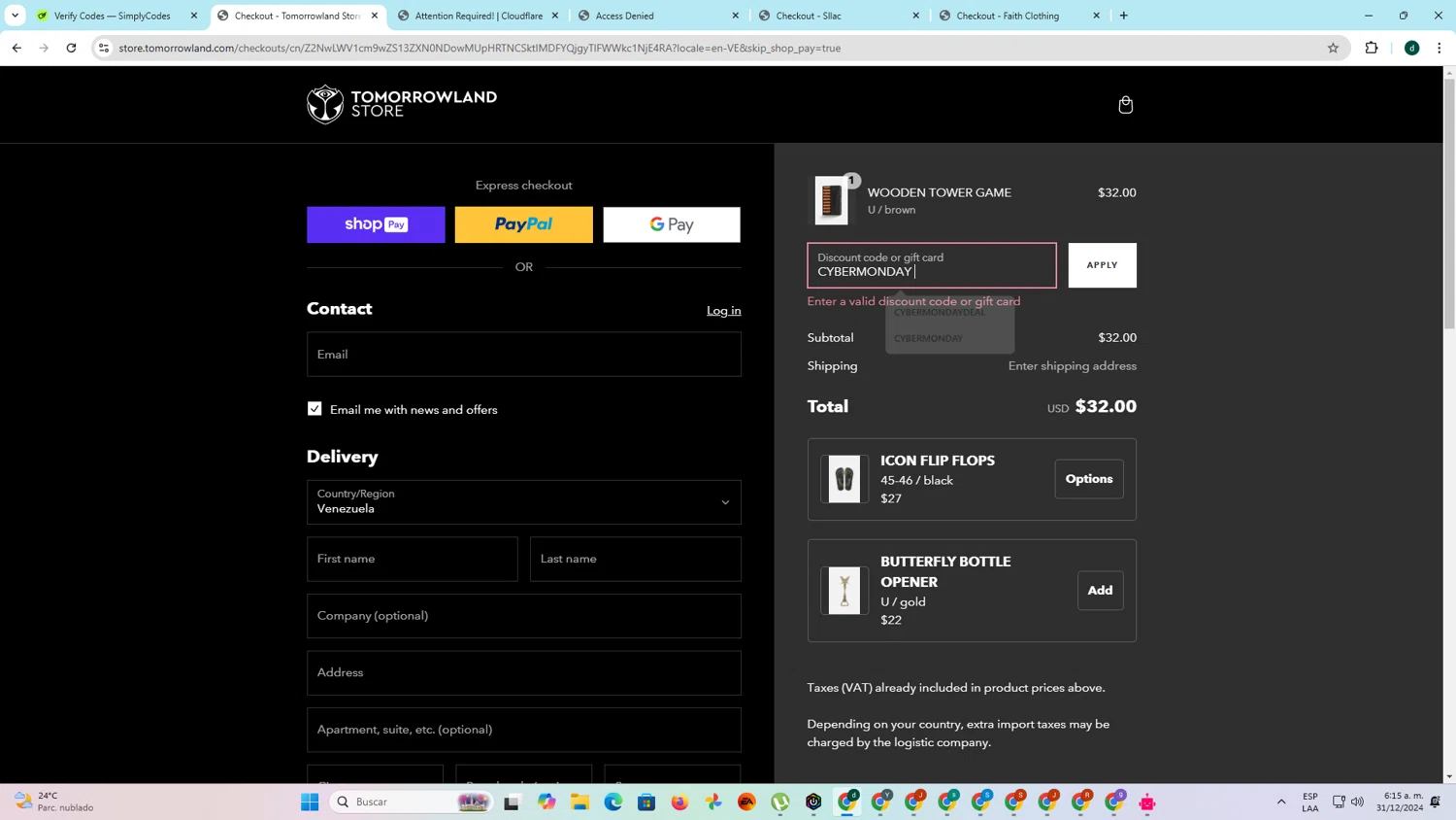 TOMORROWLAND promo code screenshot showing code CYBERMONDAY applied at TOMORROWLAND checkout page. Uploaded by SimplyCodes community member darlisiglesias on Dec 31, 2024