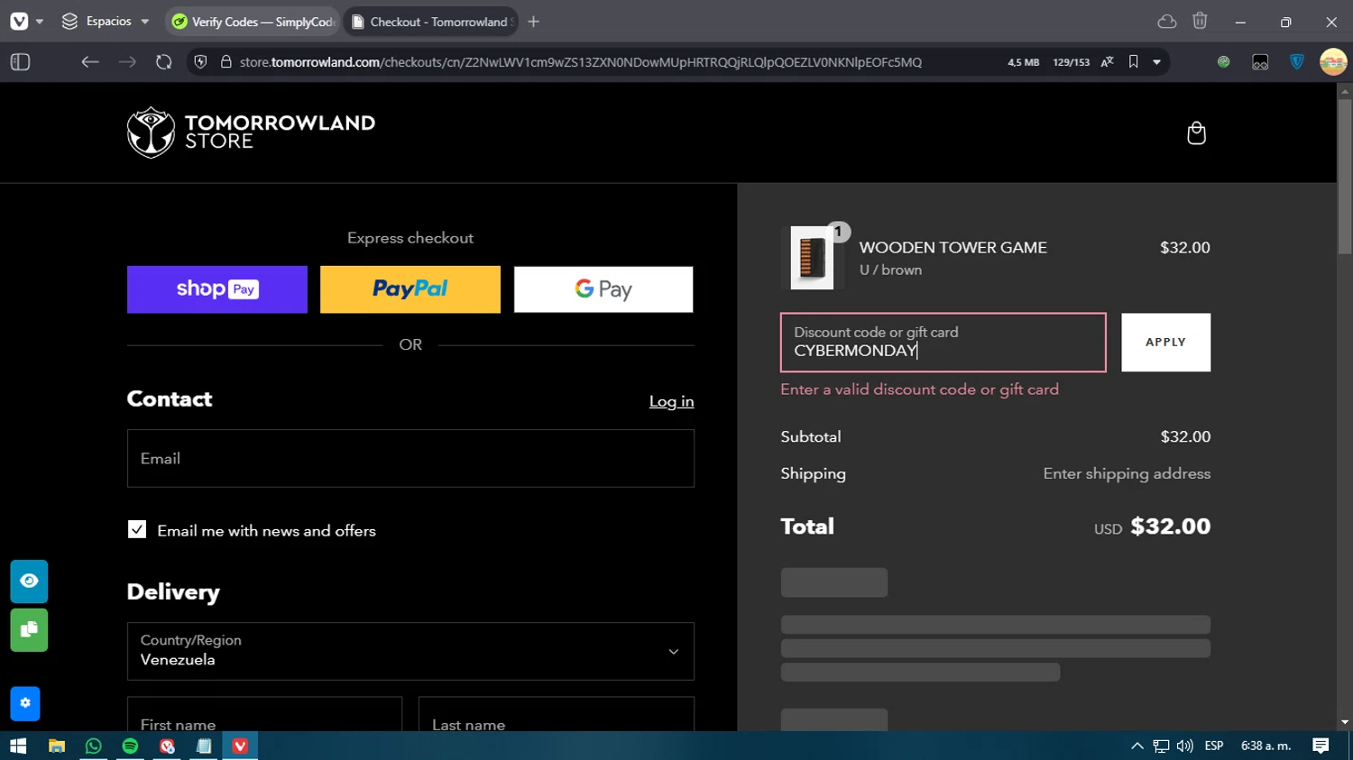 TOMORROWLAND promo code screenshot showing code CYBERMONDAY applied at TOMORROWLAND checkout page. Uploaded by SimplyCodes community member nikelson on Dec 31, 2024