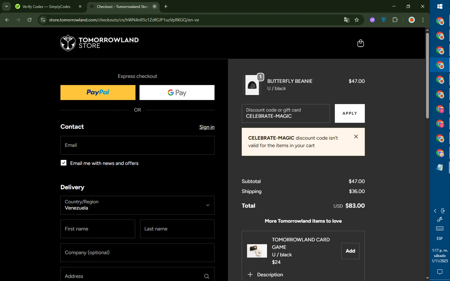 TOMORROWLAND promo code screenshot showing code CELEBRATE-MAGIC applied at TOMORROWLAND checkout page. Uploaded by SimplyCodes community member CashMaverick8128 on Nov 1, 2025