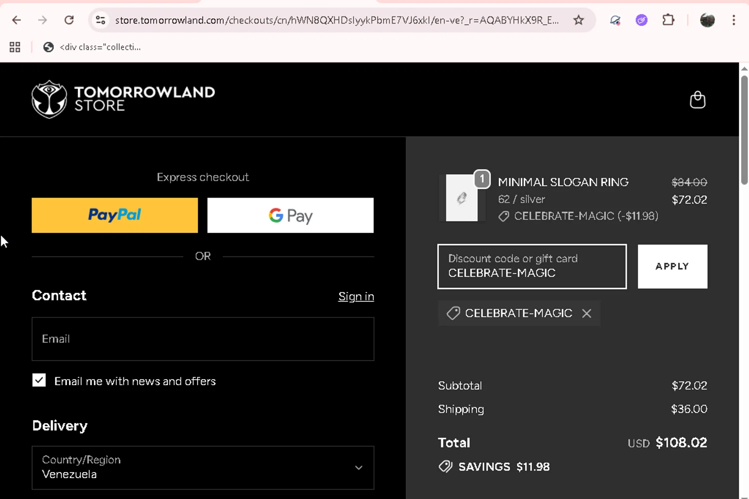 TOMORROWLAND checkout page showing TOMORROWLAND promo code box | Screenshot taken by SimplyCodes community member on Feb 5, 2026