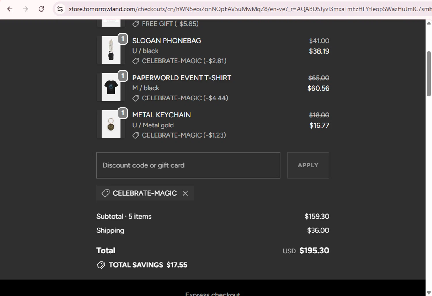 TOMORROWLAND promo code screenshot showing code CELEBRATE-MAGIC applied at TOMORROWLAND checkout page. Uploaded by SimplyCodes community member PromoExpert5262 on Nov 24, 2025
