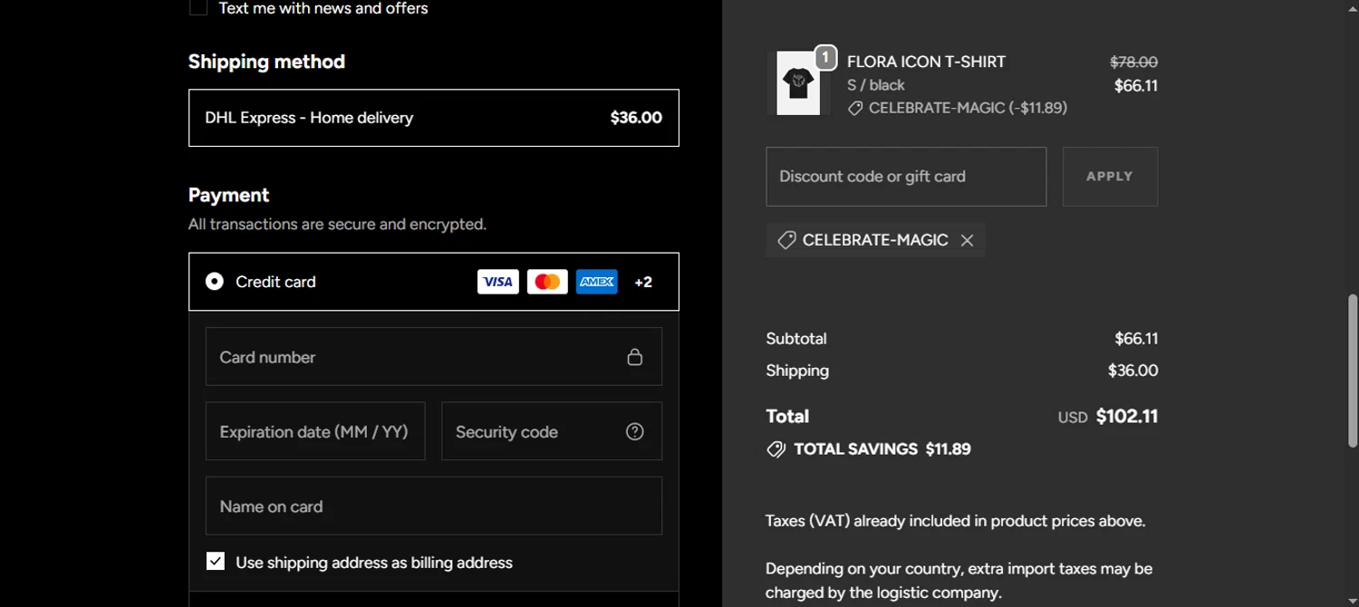 TOMORROWLAND promo code screenshot showing code CELEBRATE-MAGIC applied at TOMORROWLAND checkout page. Uploaded by SimplyCodes community member noworries on Oct 2, 2025
