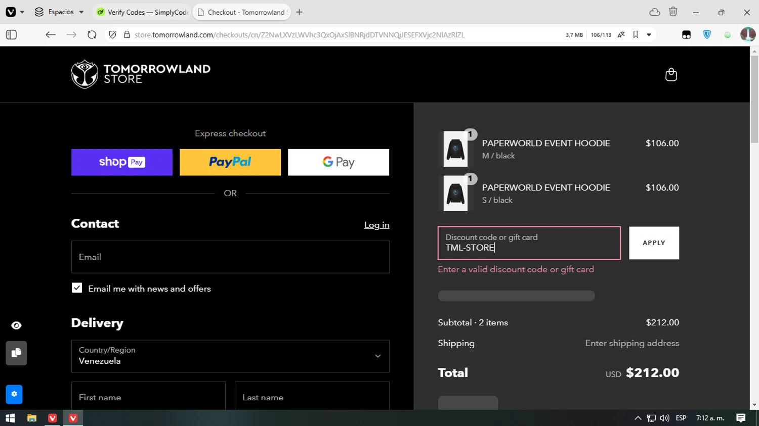 TOMORROWLAND promo code screenshot showing code TML-STORE applied at TOMORROWLAND checkout page. Uploaded by SimplyCodes community member 61664350 on Mar 18, 2025