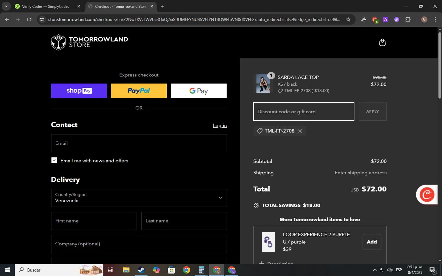 TOMORROWLAND promo code screenshot showing code TML-FP-2708 applied at TOMORROWLAND checkout page. Uploaded by SimplyCodes community member Kelvis_Vargas on Apr 9, 2025