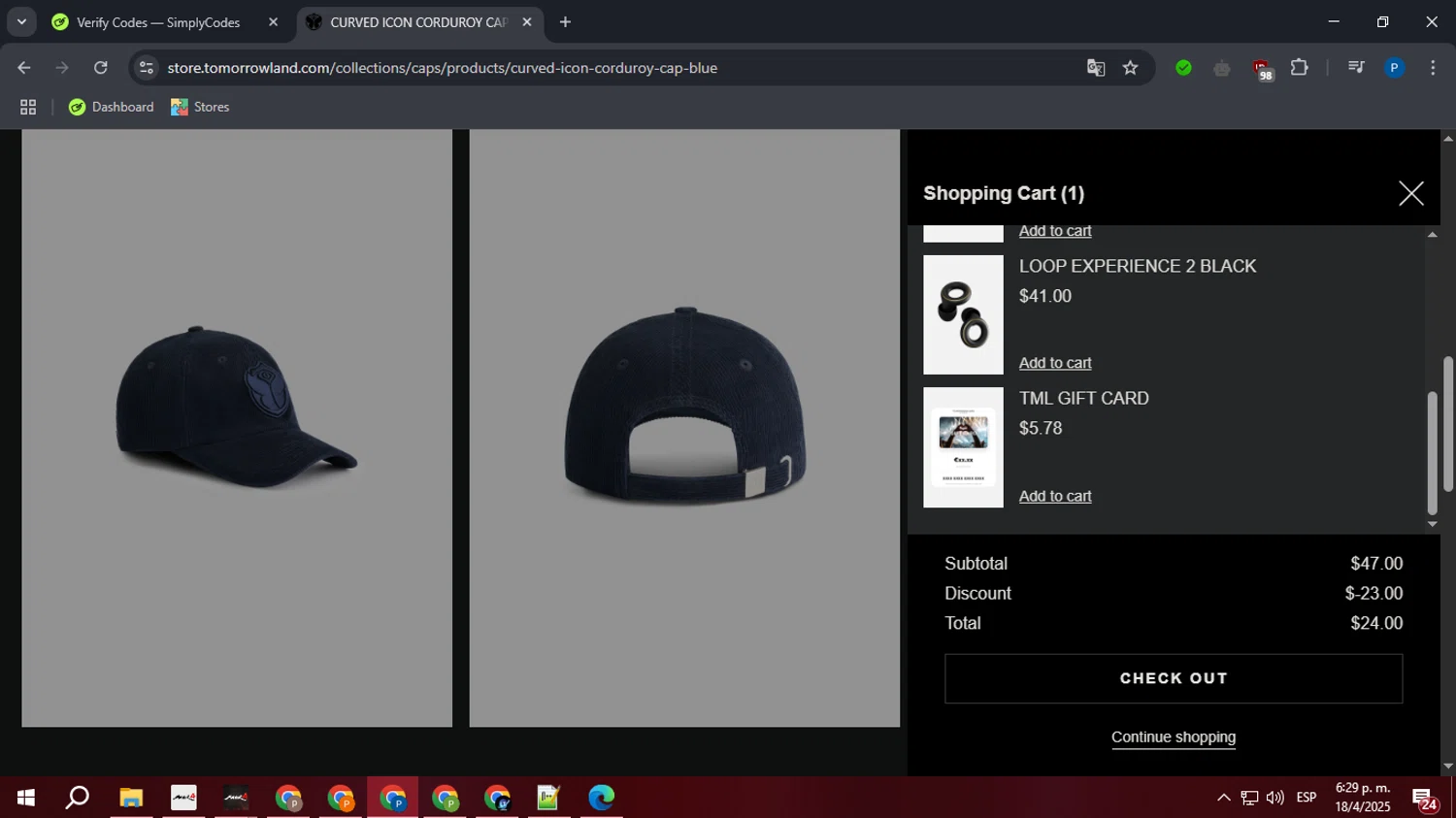 TOMORROWLAND promo code screenshot showing code TML-FP-2708 applied at TOMORROWLAND checkout page. Uploaded by SimplyCodes community member GoldSaver3857 on Apr 18, 2025