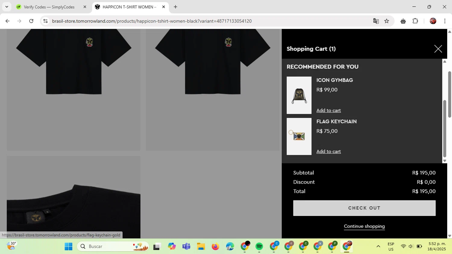 TOMORROWLAND promo code screenshot showing code TML-FP-2708 applied at TOMORROWLAND checkout page. Uploaded by SimplyCodes community member GloriousDefender7889 on Apr 18, 2025