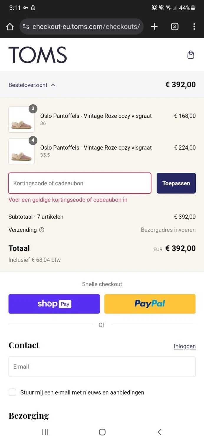 TOMS coupon code screenshot showing code EXTRA10 applied at TOMS checkout page. Uploaded by SimplyCodes community member huijsen on Feb 2, 2025