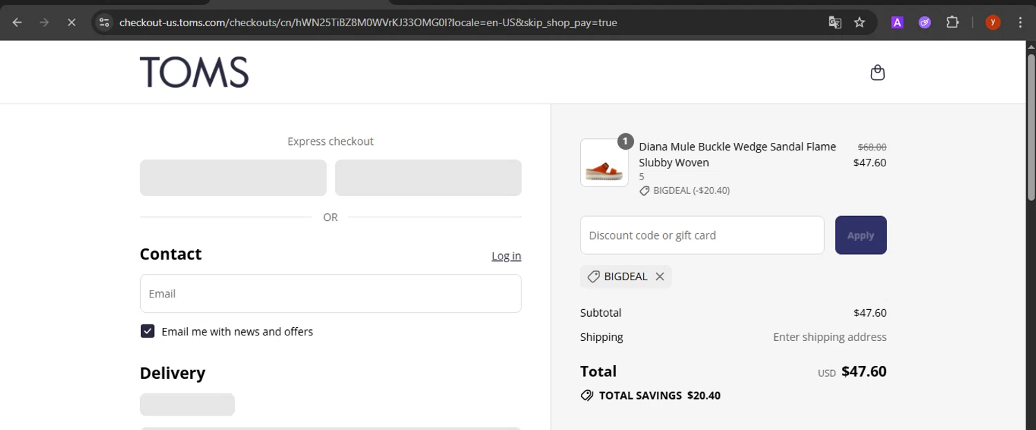 TOMS coupon code screenshot showing code BIGDEAL applied at TOMS checkout page. Uploaded by SimplyCodes community member CrownTiger7501 on Aug 22, 2025