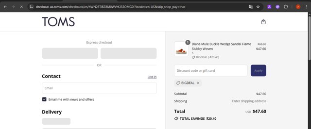 TOMS checkout page showing TOMS coupon code box | Screenshot taken by SimplyCodes community member on Aug 22, 2025