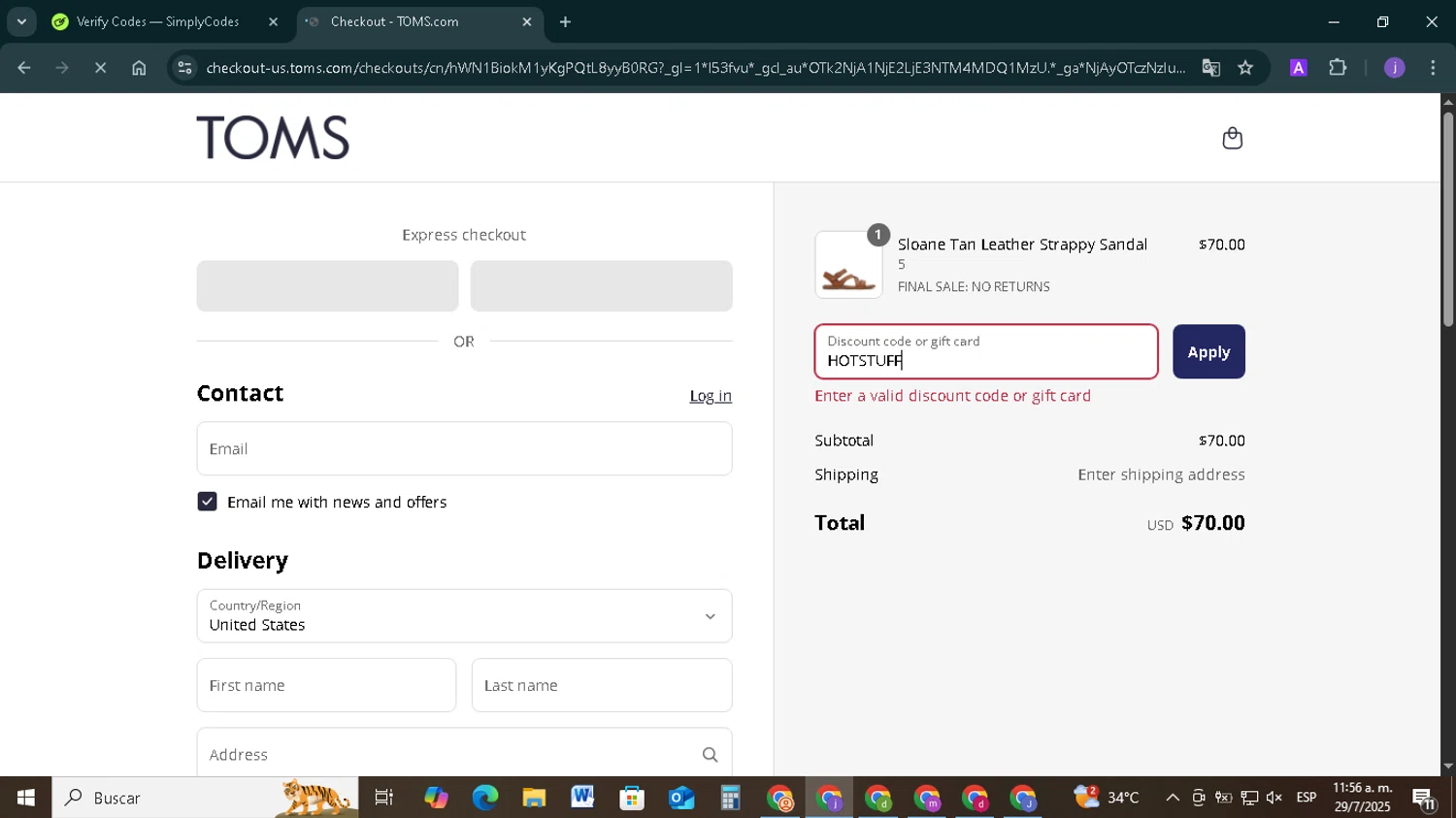 TOMS coupon code screenshot showing code HOTSTUFF applied at TOMS checkout page. Uploaded by SimplyCodes community member TAZ2024 on Jul 29, 2025