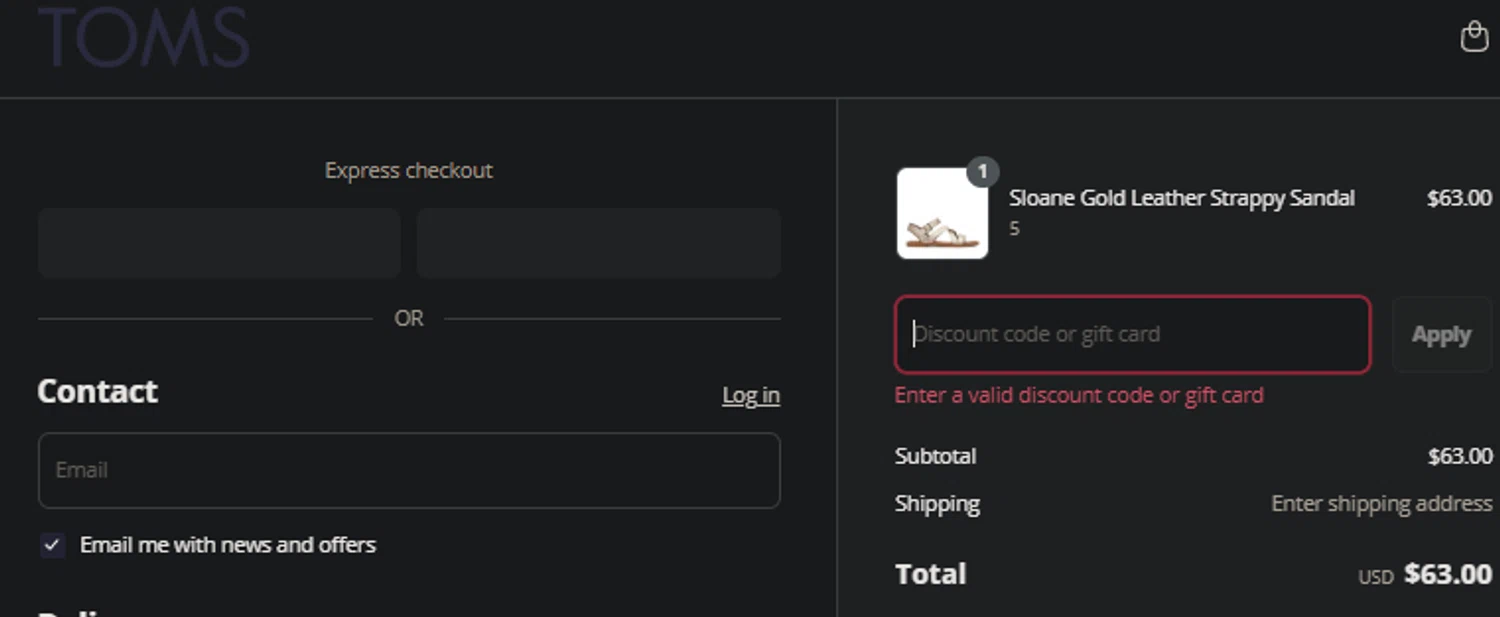 TOMS coupon code screenshot showing code HOTSTUFF applied at TOMS checkout page. Uploaded by SimplyCodes community member idkxxx on Jul 8, 2025
