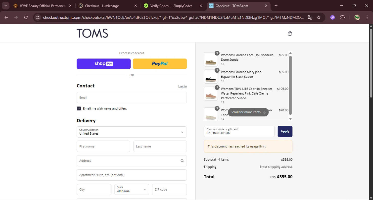 TOMS coupon code screenshot showing code RAF-RONDFHUK applied at TOMS checkout page. Uploaded by SimplyCodes community member RewardDefender7173 on Aug 4, 2025
