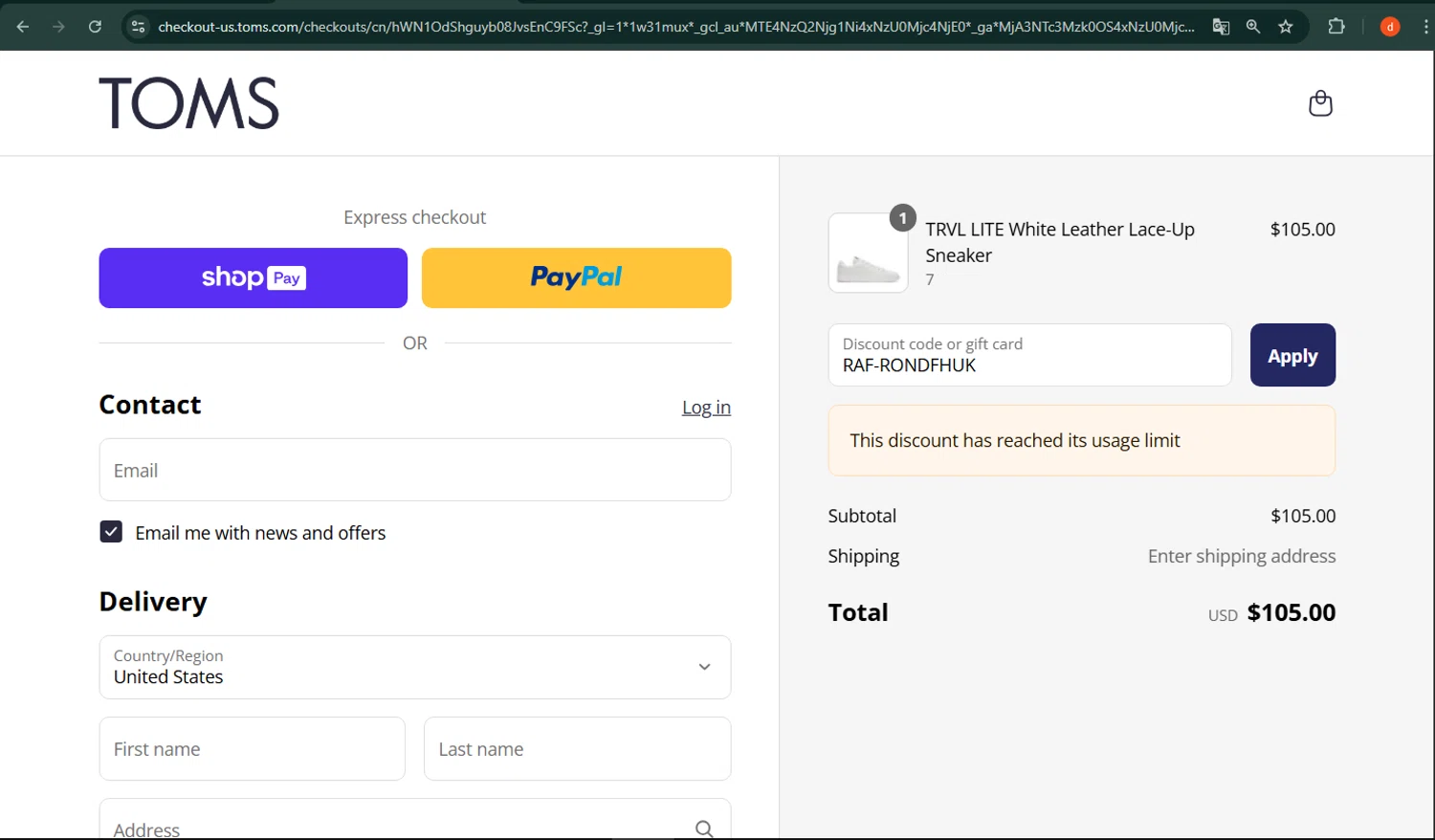 TOMS coupon code screenshot showing code RAF-RONDFHUK applied at TOMS checkout page. Uploaded by SimplyCodes community member VictoriaMoyeda on Aug 4, 2025