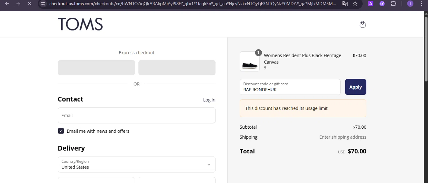 TOMS coupon code screenshot showing code RAF-RONDFHUK applied at TOMS checkout page. Uploaded by SimplyCodes community member joineds on Aug 4, 2025