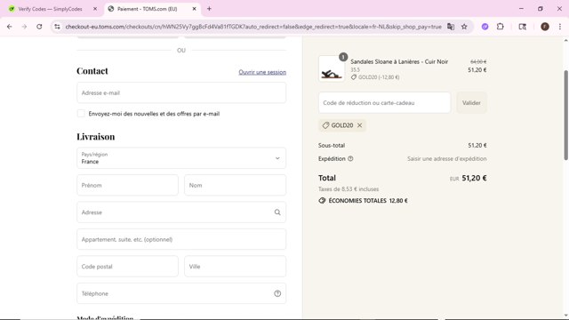 TOMS checkout page showing TOMS coupon code box | Screenshot taken by SimplyCodes community member on Aug 22, 2025