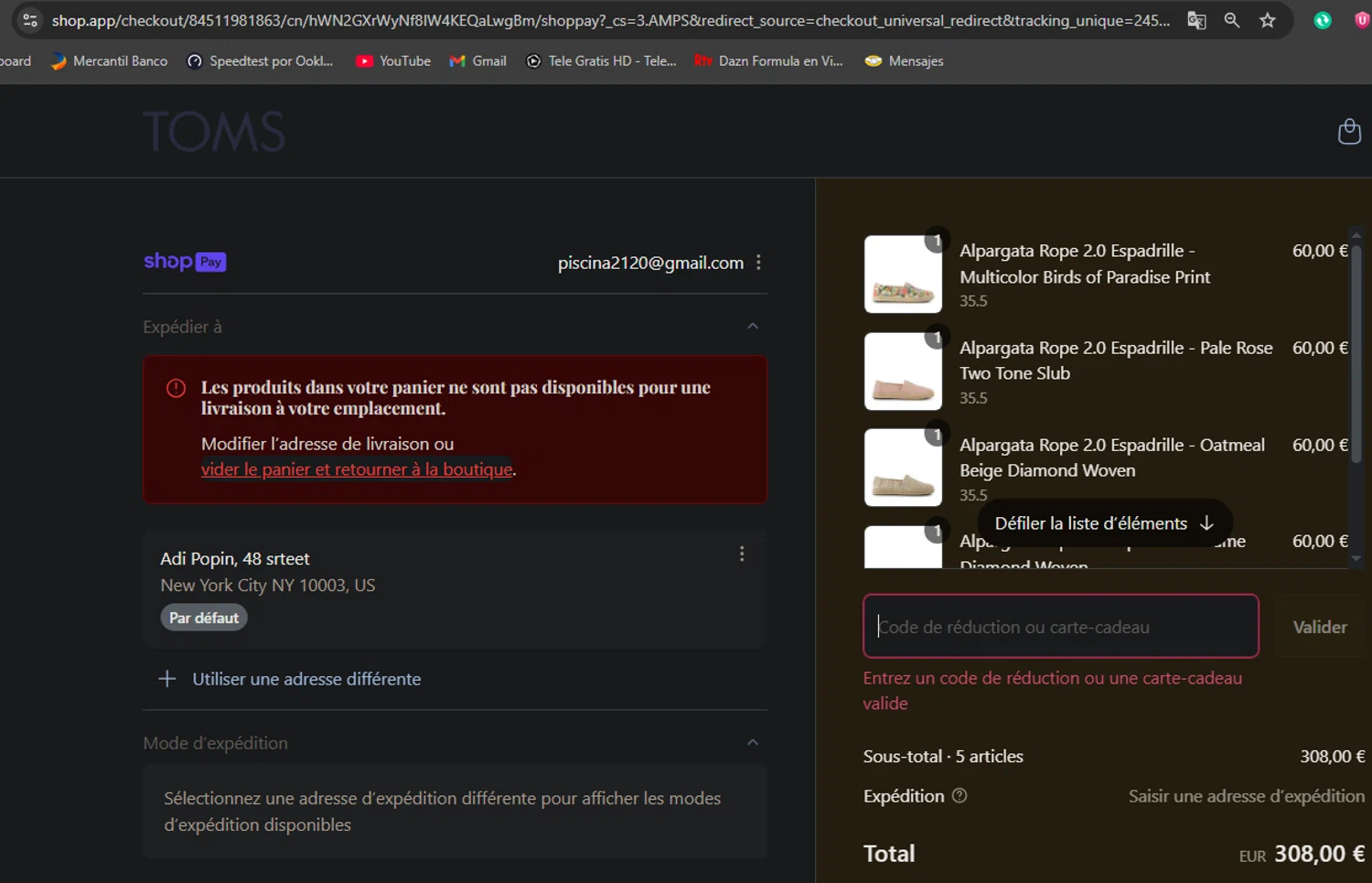 TOMS coupon code screenshot showing code GOLD20 applied at TOMS checkout page. Uploaded by SimplyCodes community member aliriotrasmonte on Aug 27, 2025