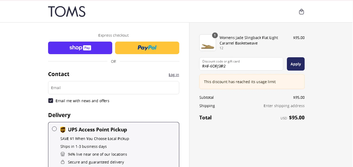 TOMS coupon code screenshot showing code RAF-6OFJSIR2 applied at TOMS checkout page. Uploaded by SimplyCodes community member MagnificentCurator5441 on Aug 27, 2025