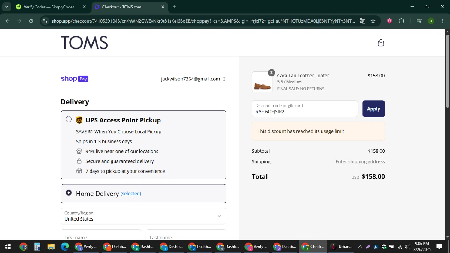 TOMS coupon code screenshot showing code RAF-6OFJSIR2 applied at TOMS checkout page. Uploaded by SimplyCodes community member ShieldFinder369 on Aug 27, 2025