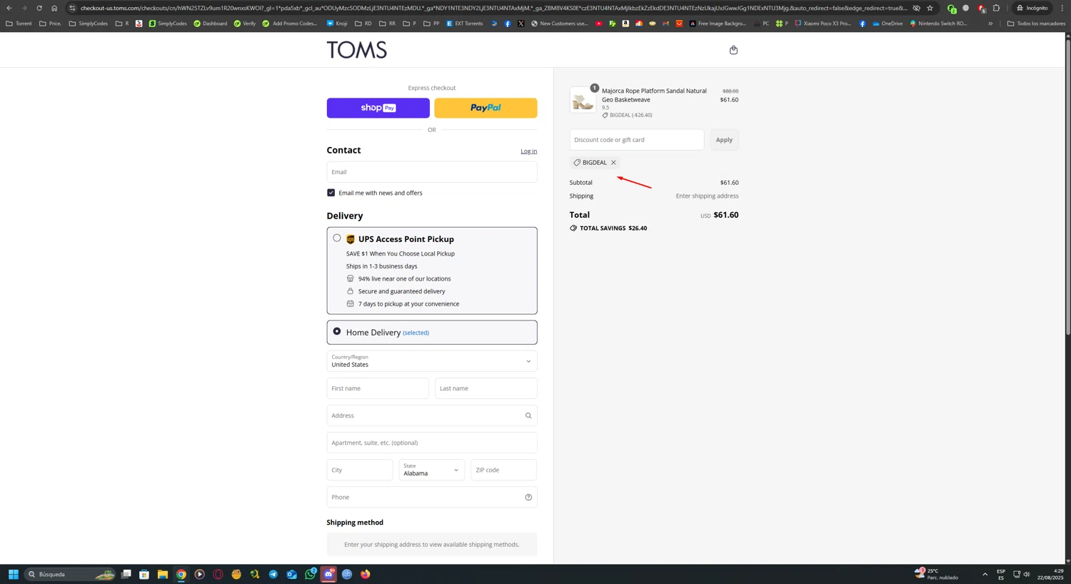 TOMS coupon code screenshot showing code BIGDEAL applied at TOMS checkout page. Uploaded by SimplyCodes community member UnkNownVnzla on Aug 22, 2025
