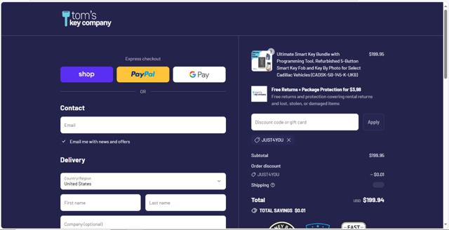 Tom’s Key Company checkout page showing Tom’s Key Company promo code box | Screenshot taken by SimplyCodes community member on Sep 9, 2025