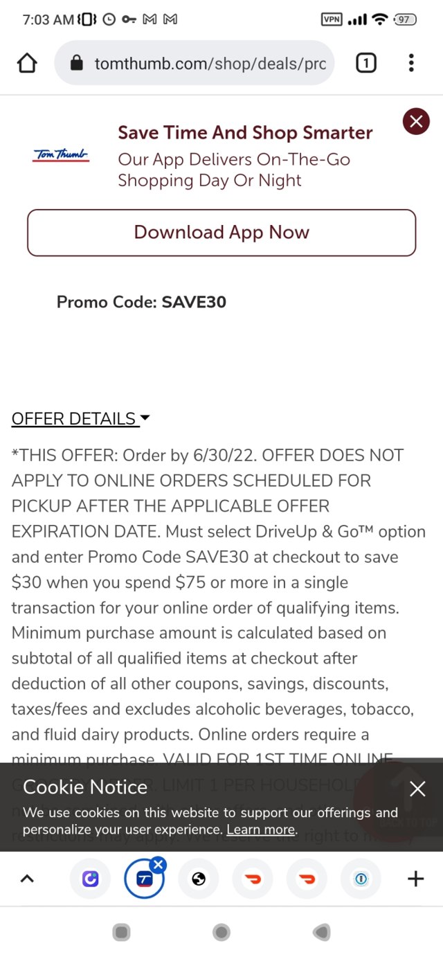 Tom Thumb checkout page showing Tom Thumb promo code box | Screenshot taken by SimplyCodes community member on Jan 29, 2022