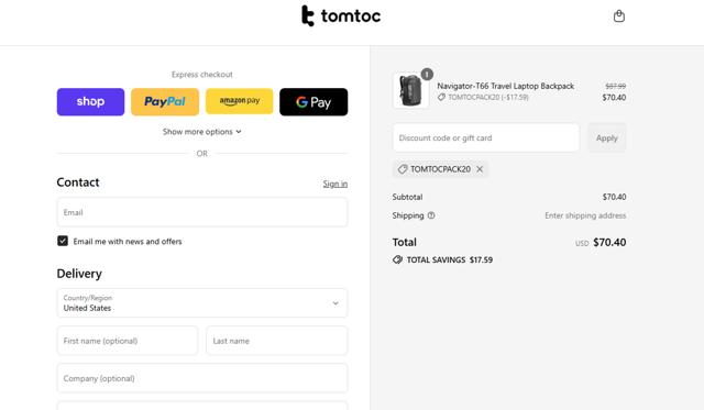 Tomtoc checkout page showing Tomtoc discount code box | Screenshot taken by SimplyCodes community member on Sep 10, 2025