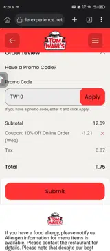 Tom Wahl's coupon verification screenshot