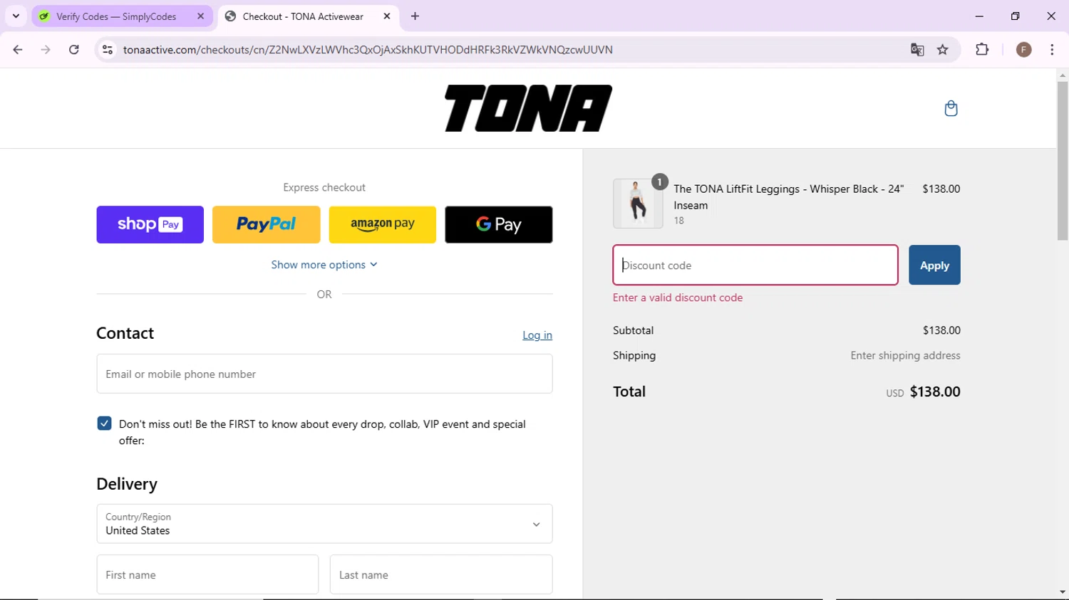 TONA Activewear promo code screenshot showing code Blackfriday20 applied at TONA Activewear checkout page. Uploaded by SimplyCodes community member CashLion2660 on Jan 14, 2025