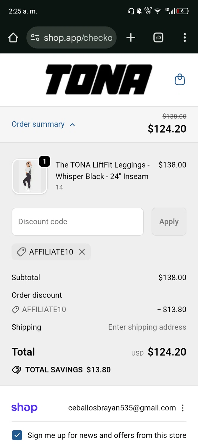TONA Activewear promo code screenshot showing code AFFILIATE10 applied at TONA Activewear checkout page. Uploaded by SimplyCodes community member Bernado on Sep 24, 2025