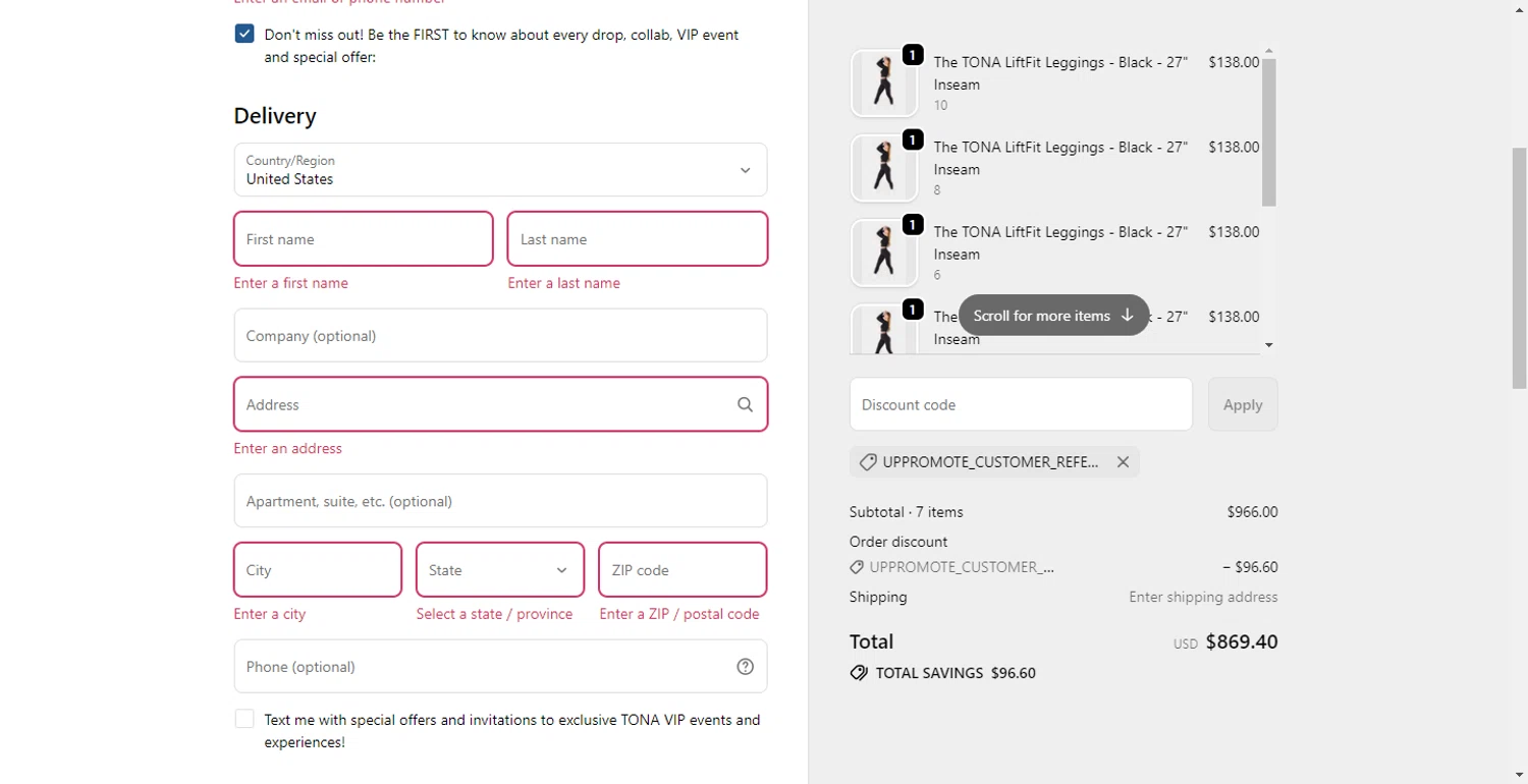 TONA Activewear promo code screenshot showing code UPPROMOTE_CUSTOMER_REFERRAL applied at TONA Activewear checkout page. Uploaded by SimplyCodes community member ShieldLion4225 on Oct 22, 2025