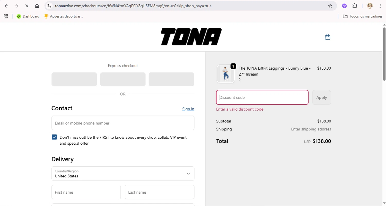 TONA Activewear promo code screenshot showing code KPOD applied at TONA Activewear checkout page. Uploaded by SimplyCodes community member LegendaryTitan9160 on Oct 26, 2025