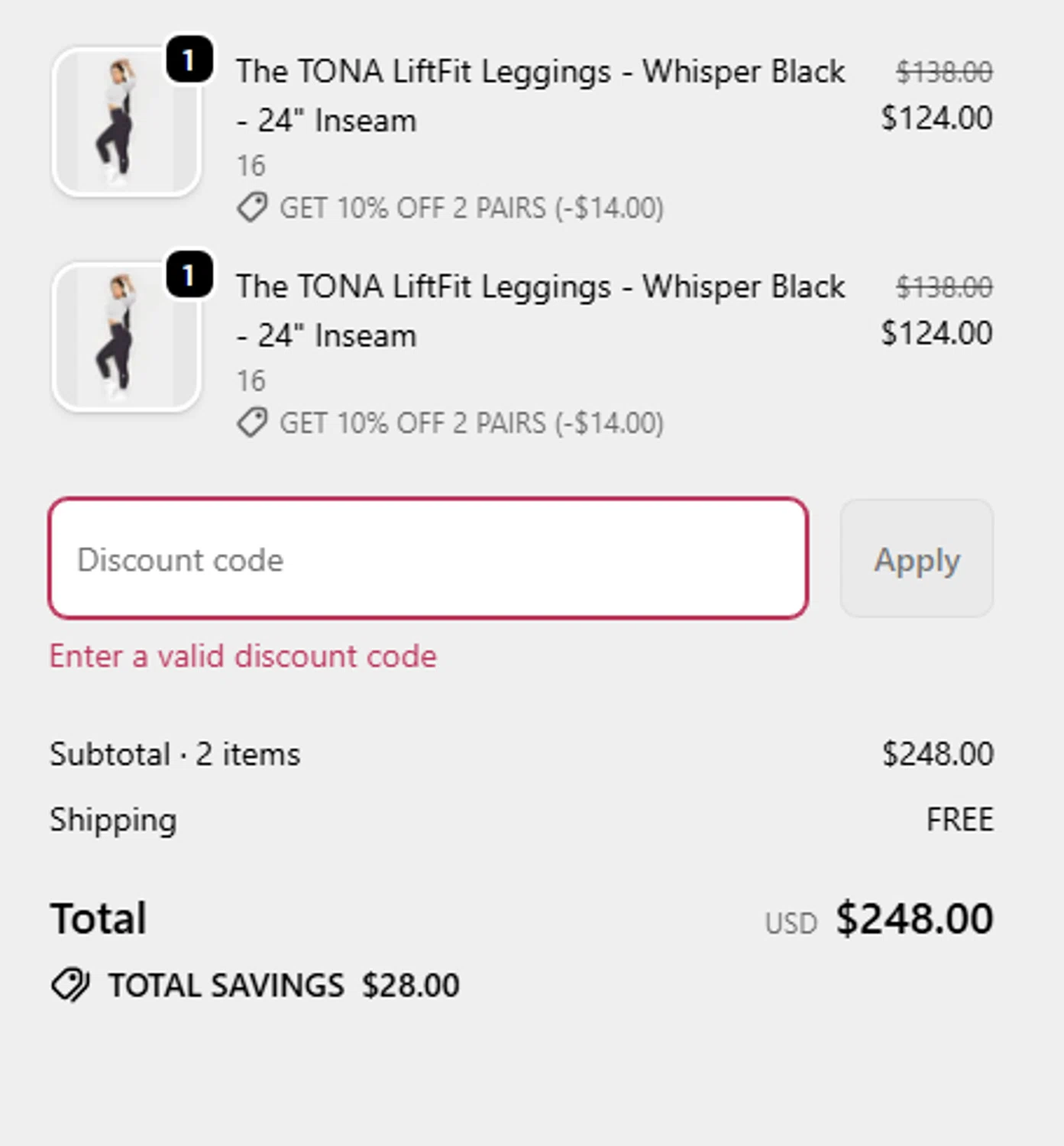 TONA Activewear promo code screenshot showing code KPOD applied at TONA Activewear checkout page. Uploaded by SimplyCodes community member mariosemeco on Oct 26, 2025