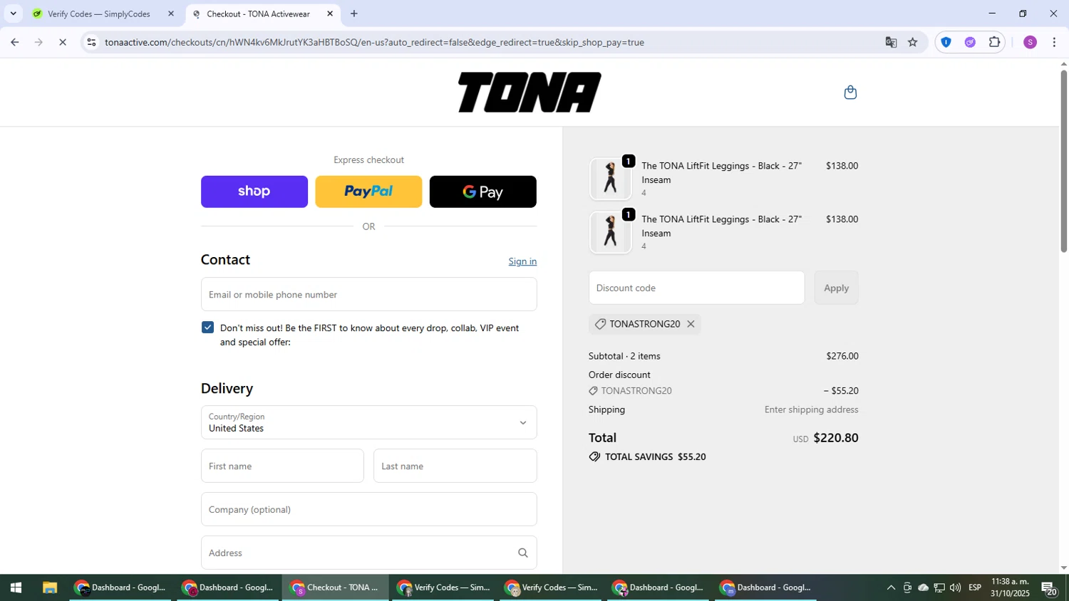TONA Activewear promo code screenshot showing code TONASTRONG20 applied at TONA Activewear checkout page. Uploaded by SimplyCodes community member Son_Goku on Oct 31, 2025