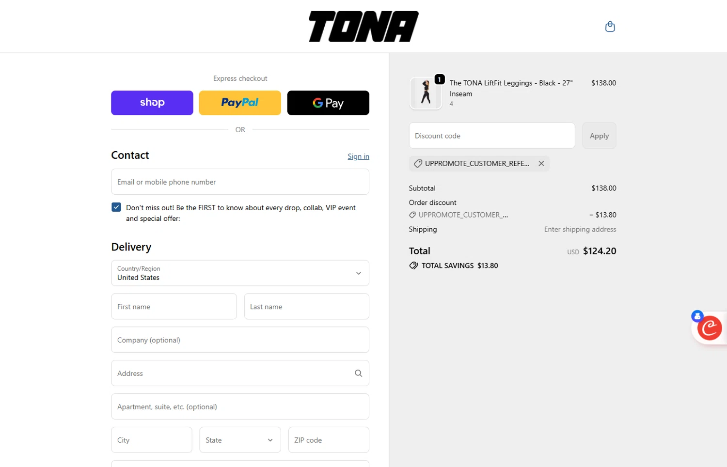 TONA Activewear promo code screenshot showing code UPPROMOTE_CUSTOMER_REFERRAL applied at TONA Activewear checkout page. Uploaded by SimplyCodes community member ivantorres on Oct 1, 2025
