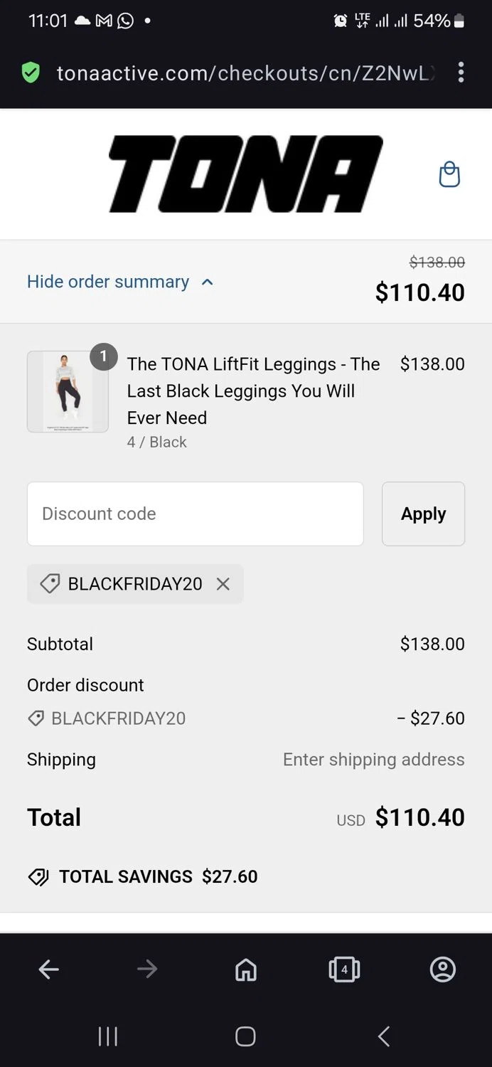 TONA Activewear promo code screenshot showing code Blackfriday20 applied at TONA Activewear checkout page. Uploaded by SimplyCodes community member vida5254427716958 on Nov 30, 2024