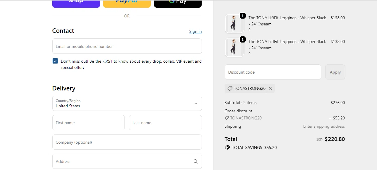 TONA Activewear promo code screenshot showing code TONASTRONG20 applied at TONA Activewear checkout page. Uploaded by SimplyCodes community member yilmamalave on Oct 31, 2025