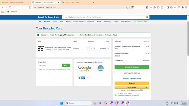 Toner Buzz checkout page showing Toner Buzz coupon code box | Screenshot taken by SimplyCodes community member on Sep 3, 2025