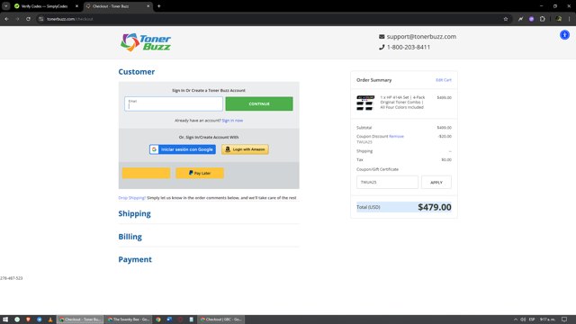 Toner Buzz checkout page showing Toner Buzz coupon code box | Screenshot taken by SimplyCodes community member on Sep 4, 2025