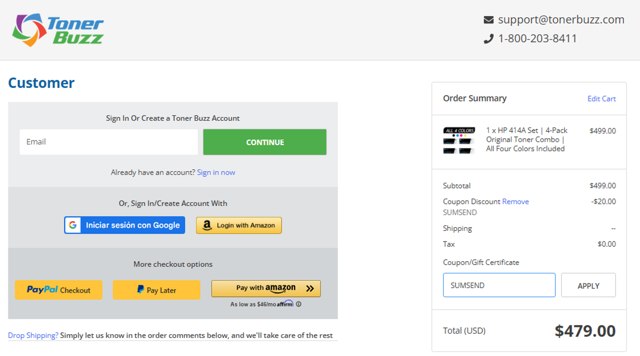 Toner Buzz checkout page showing Toner Buzz coupon code box | Screenshot taken by SimplyCodes community member on Aug 18, 2025