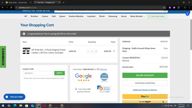 Toner Buzz checkout page showing Toner Buzz coupon code box | Screenshot taken by SimplyCodes community member on Aug 25, 2025