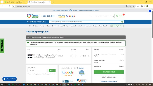 Toner Buzz checkout page showing Toner Buzz coupon code box | Screenshot taken by SimplyCodes community member on Sep 2, 2025