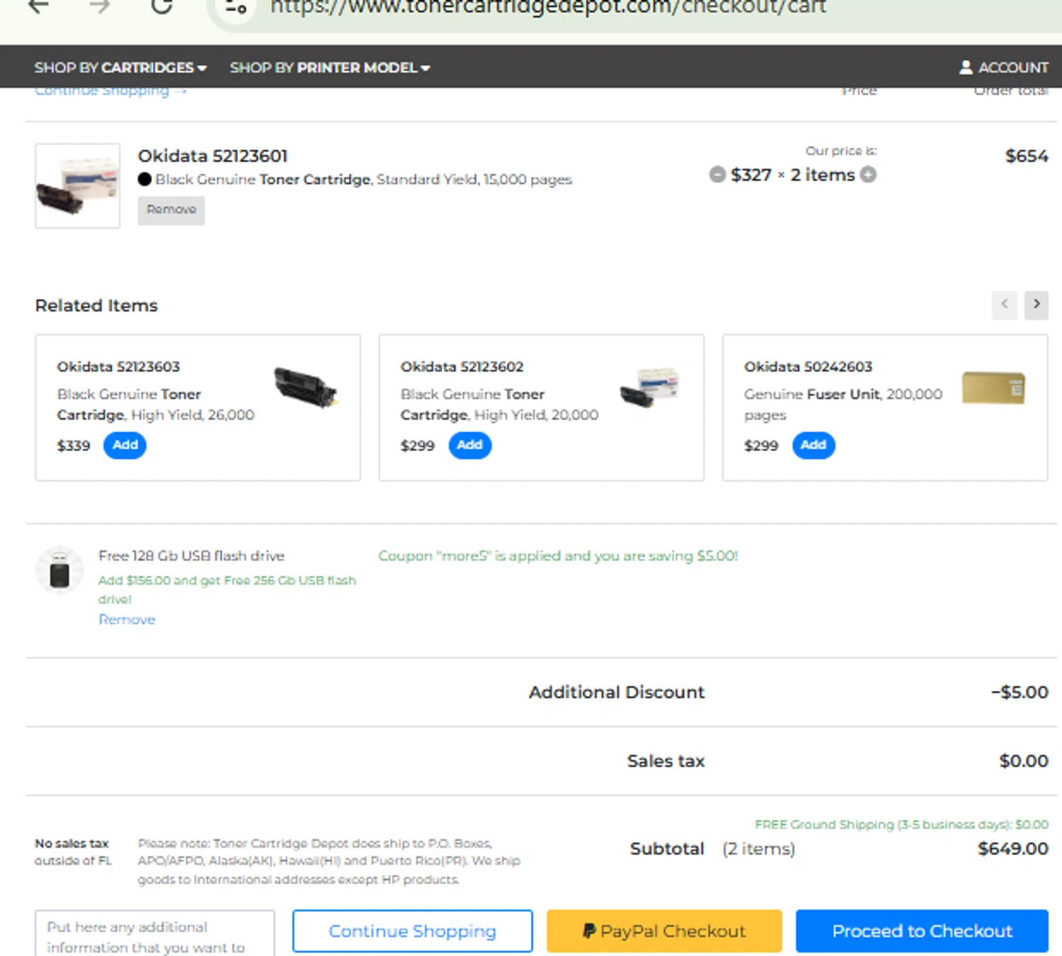 Toner Cartridge Depot promo code screenshot showing code more5 applied at Toner Cartridge Depot checkout page. Uploaded by SimplyCodes community member RewardFinder4836 on Feb 3, 2026