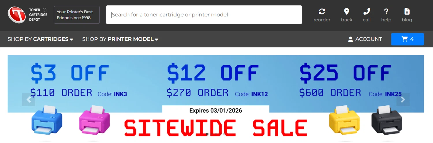 Toner Cartridge Depot promo code screenshot showing code INK25 applied at Toner Cartridge Depot checkout page. Uploaded by SimplyCodes community member diacelysduartesuarez on Feb 1, 2026