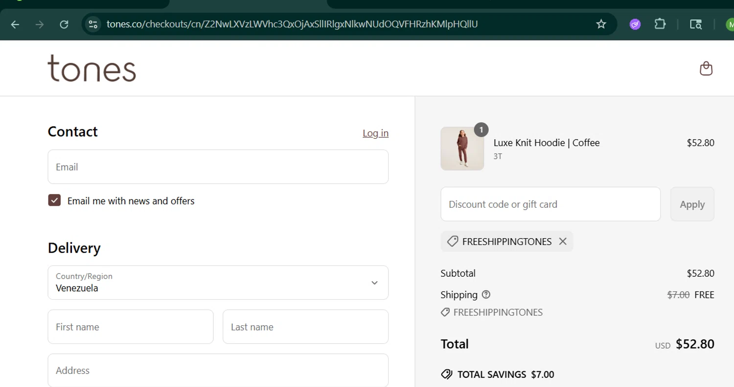 Tones coupon code screenshot showing code FREESHIPPINGTONES applied at Tones checkout page. Uploaded by SimplyCodes community member MARCVH on Jun 24, 2025